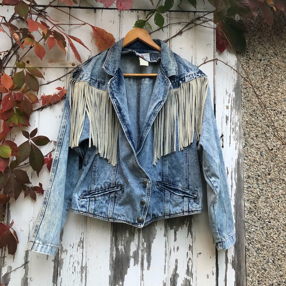 Vintage 80s AM PM Denim Fringe Crop Jacket M Snap